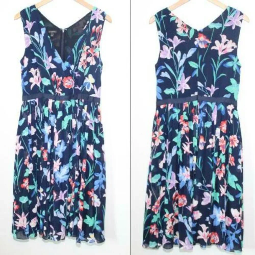 Talbots Floral V-Neck Chiffon Pleated Dress Ribbon Navy Women's Size 8 H12694 - Picture 10 of 11